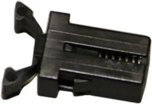 Schwarzer Kunststoff-Schnappverschluss von Bosch, hergestellt für die Verkleidung, mit zwei seitlichen Clips und einer zentralen Einsiefer.